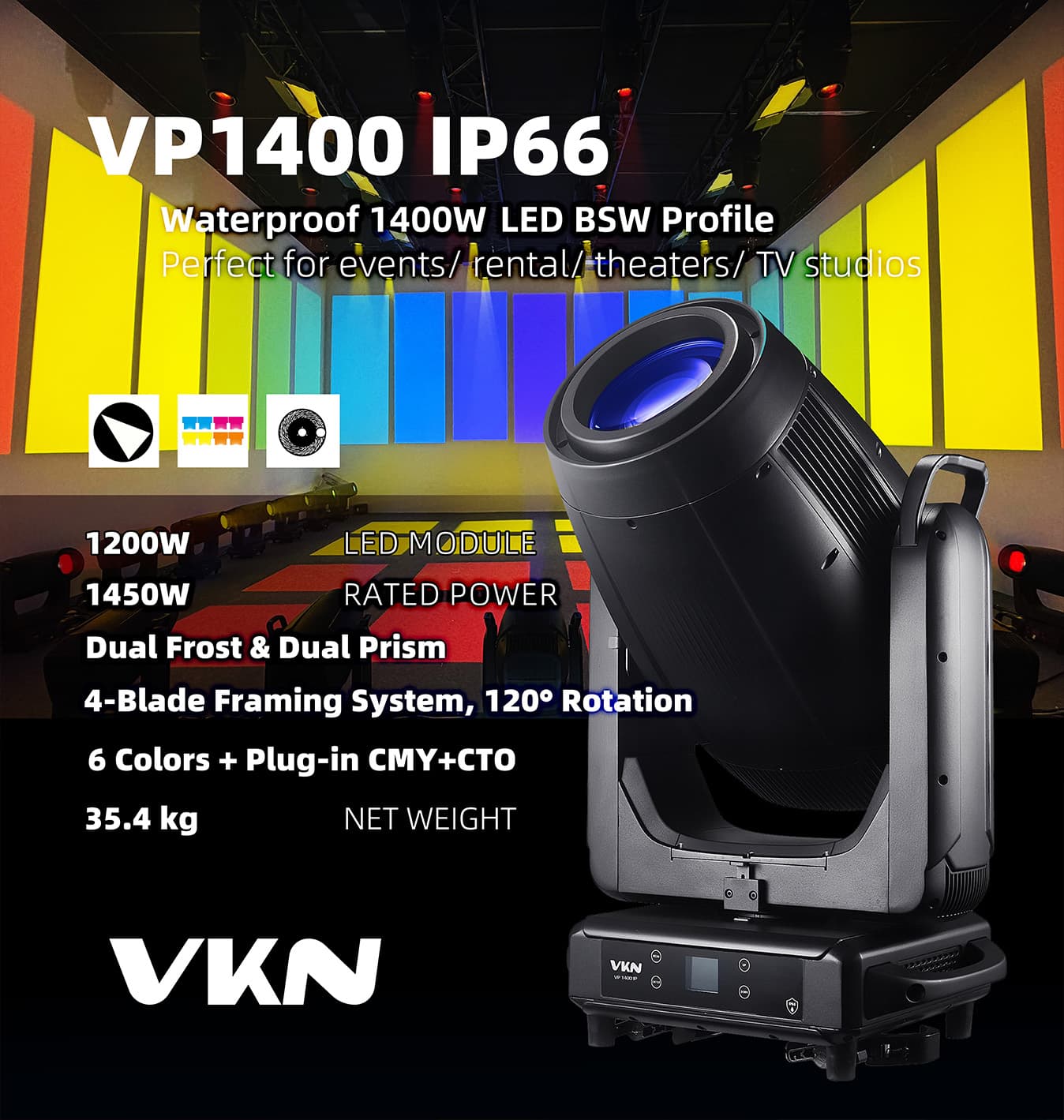 VP1400 IP66 | IP66 Высокопроизводительная светодиодная профильная подвижная головка 4-в-1